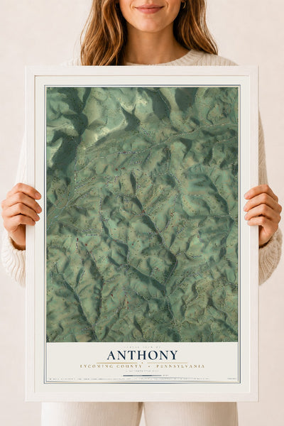 Map of Anthony, Lycoming County, Pennsylvania, 18 x 24 inch print in a white wood frame