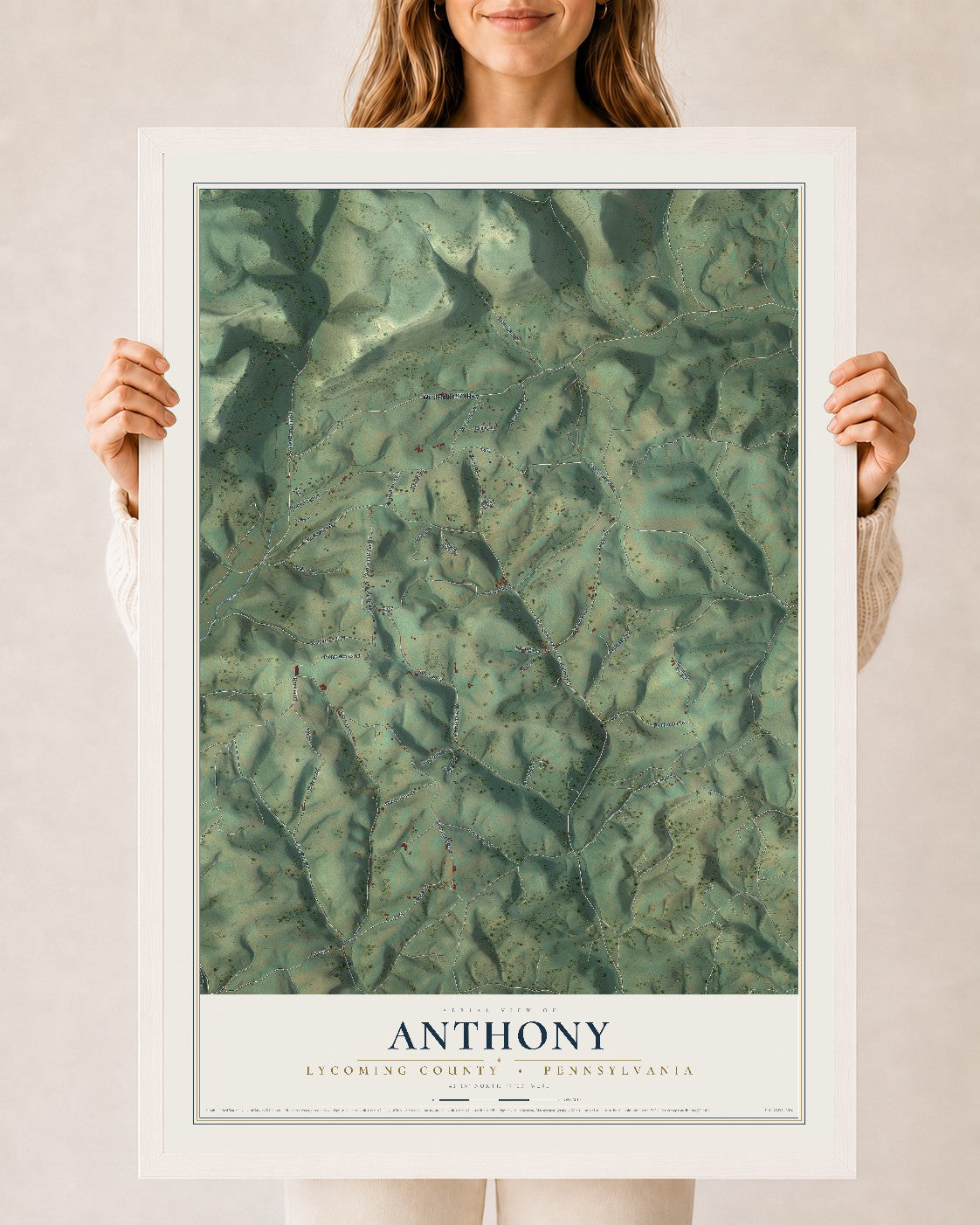 Map of Anthony, Lycoming County, Pennsylvania, 24 x 36 inch print in a white wood frame