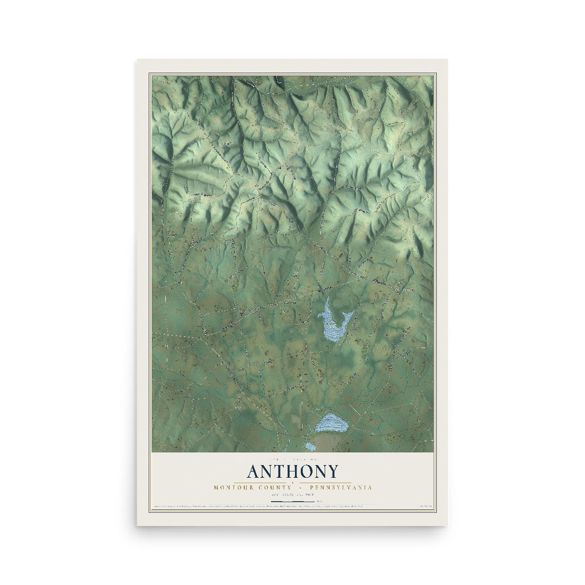 Map of Anthony, Montour County, Pennsylvania, 12 x 18 inch unframed archival matte print
