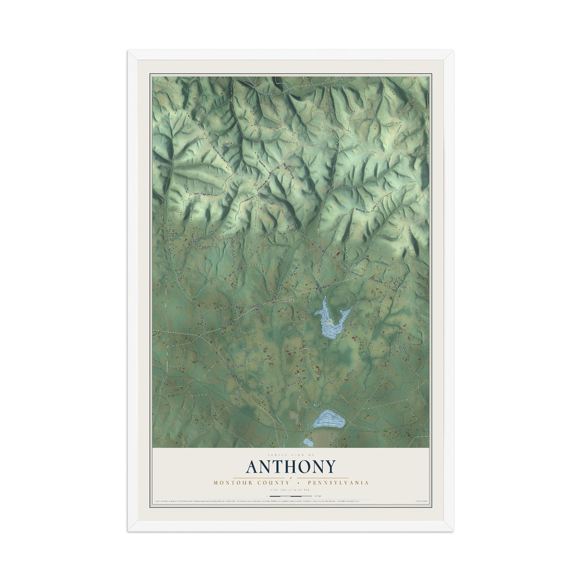 Map of Anthony, Montour County, Pennsylvania, 12 x 18 inch print in a white wood frame