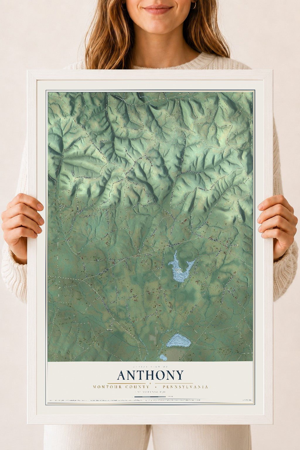 Map of Anthony, Montour County, Pennsylvania, 18 x 24 inch print in a white wood frame