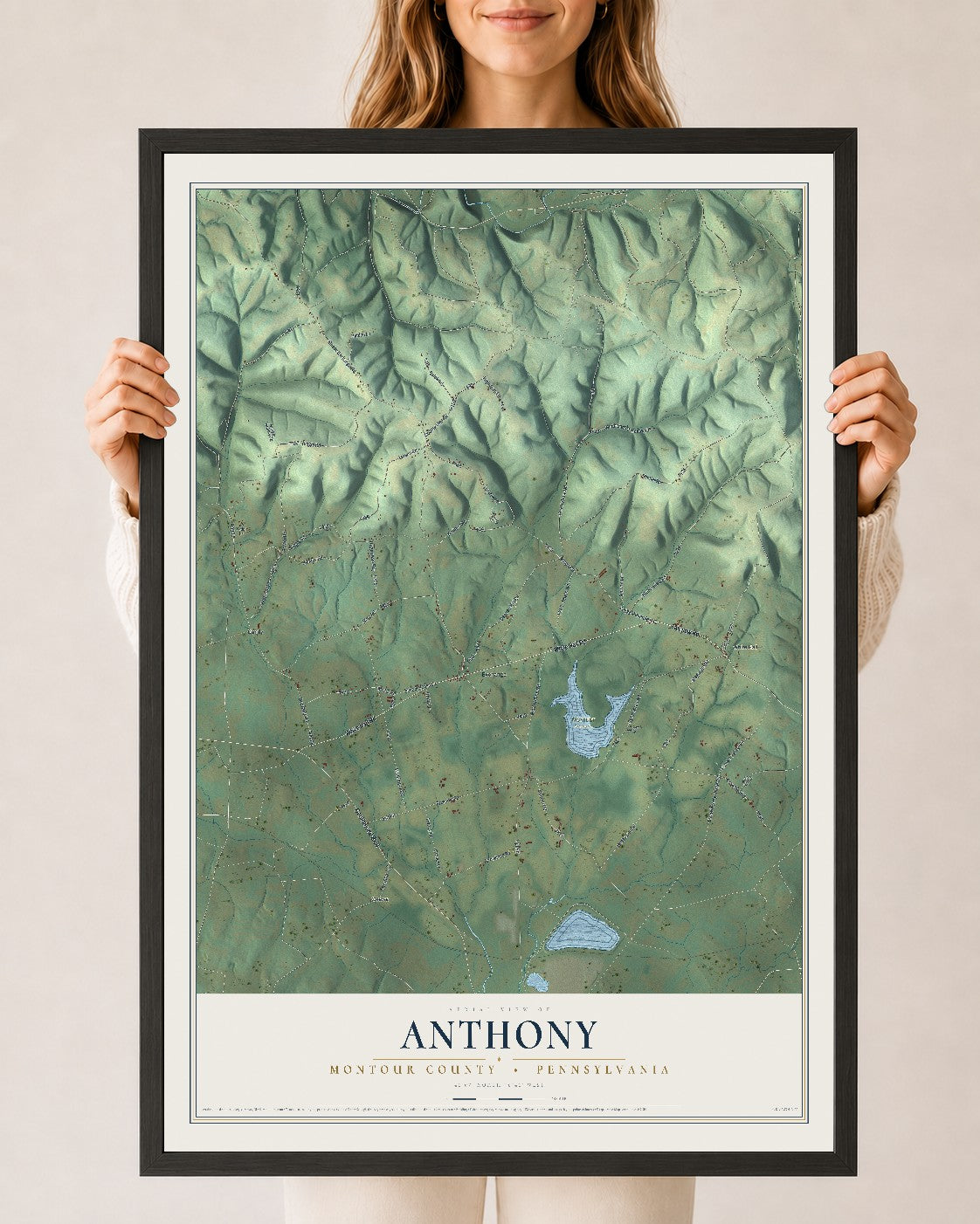 Map of Anthony, Montour County, Pennsylvania, 24 x 36 inch print in a black wood frame