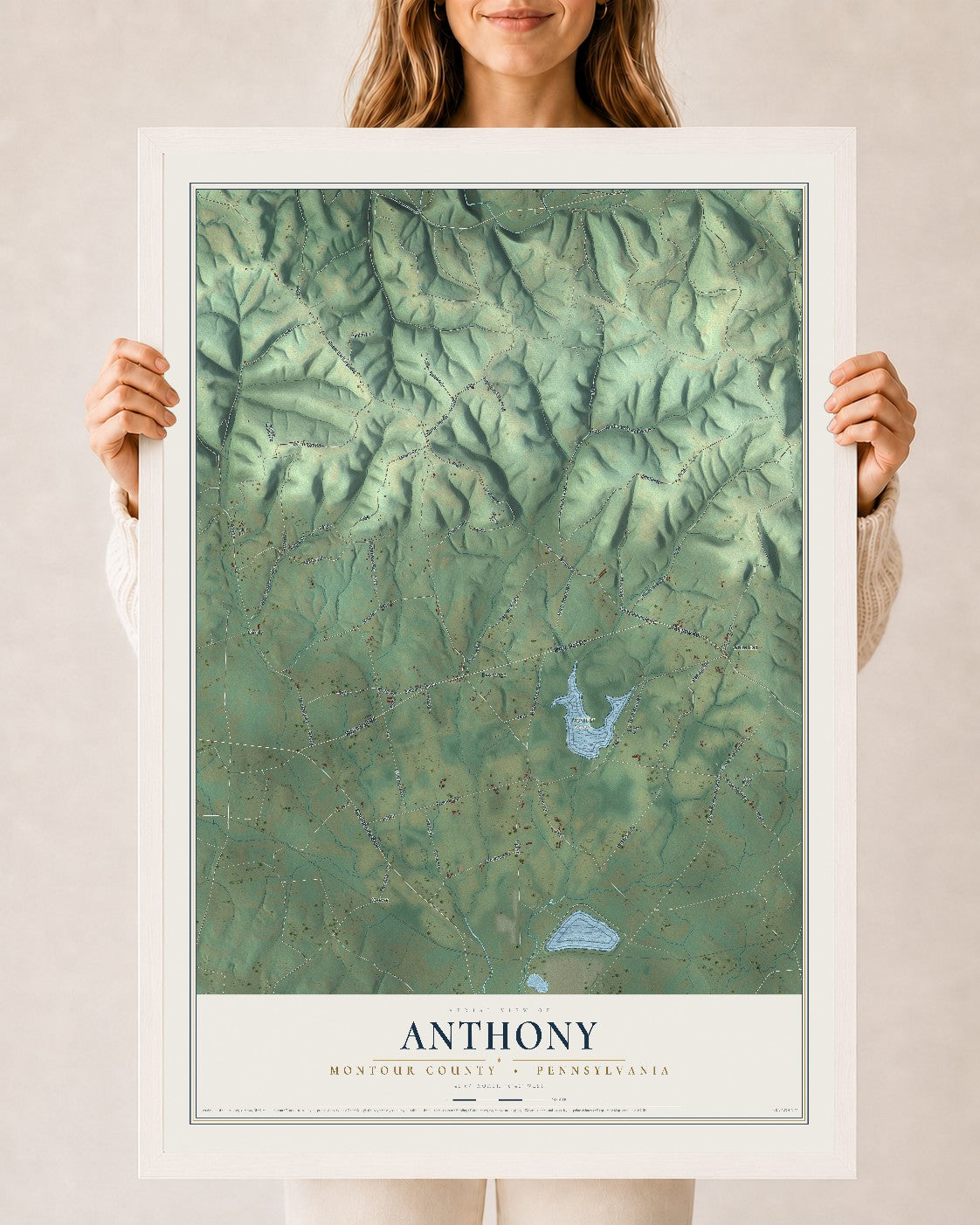 Map of Anthony, Montour County, Pennsylvania, 24 x 36 inch print in a white wood frame