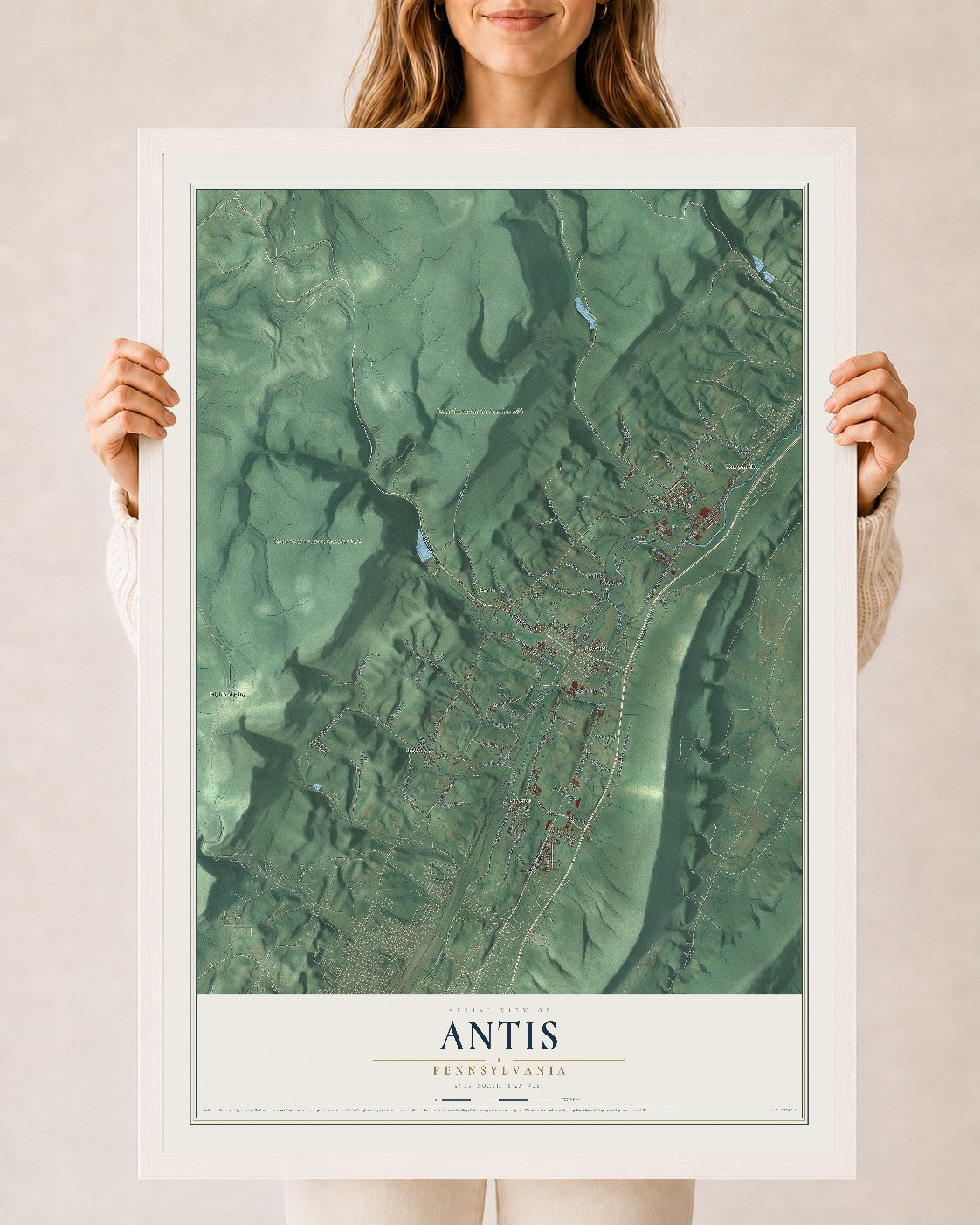 Map of Antis, Pennsylvania, 24 x 36 inch print in a white wood frame