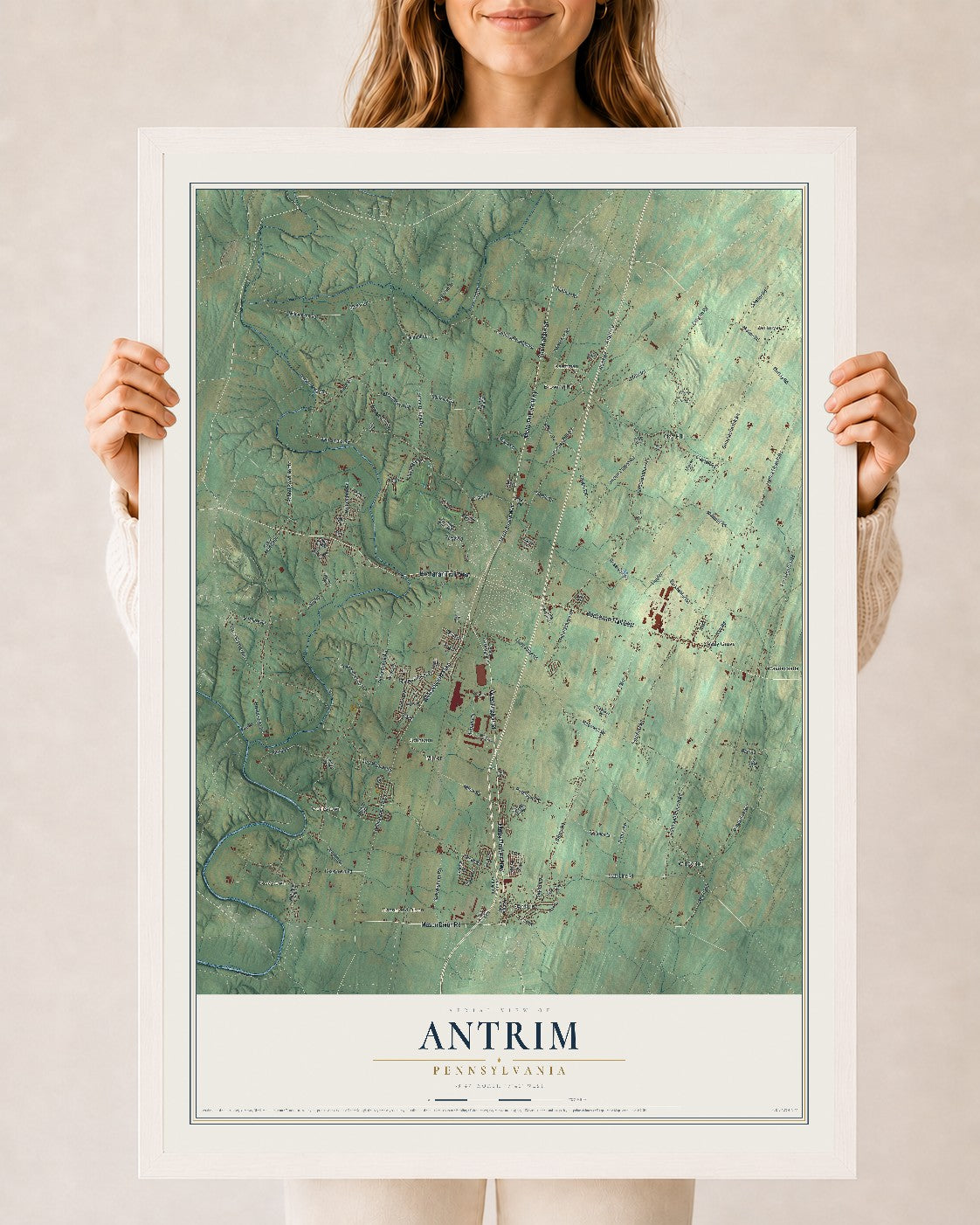 Map of Antrim, Pennsylvania, 24 x 36 inch print in a white wood frame