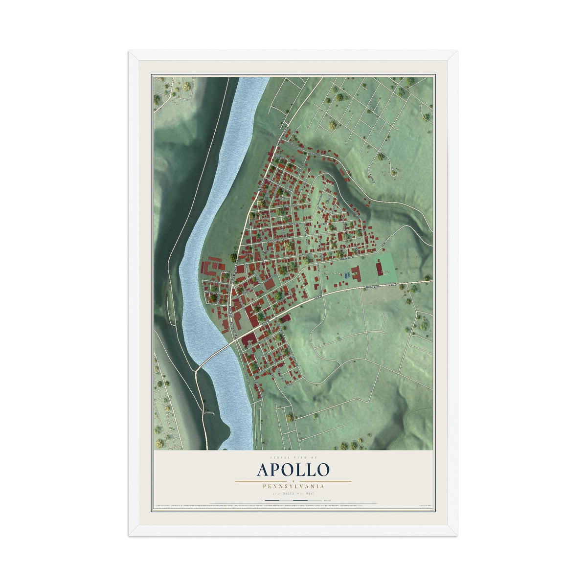 Map of Apollo, Pennsylvania, 12 x 18 inch print in a white wood frame