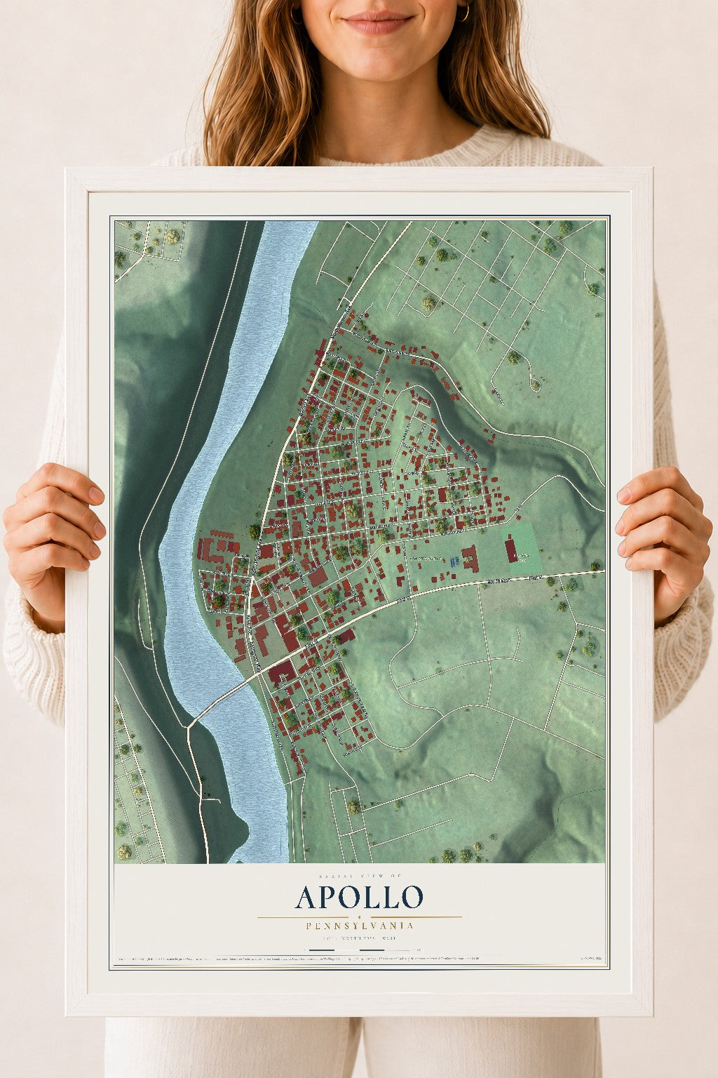 Map of Apollo, Pennsylvania, 18 x 24 inch print in a white wood frame