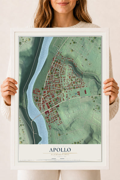Map of Apollo, Pennsylvania, 18 x 24 inch print in a white wood frame