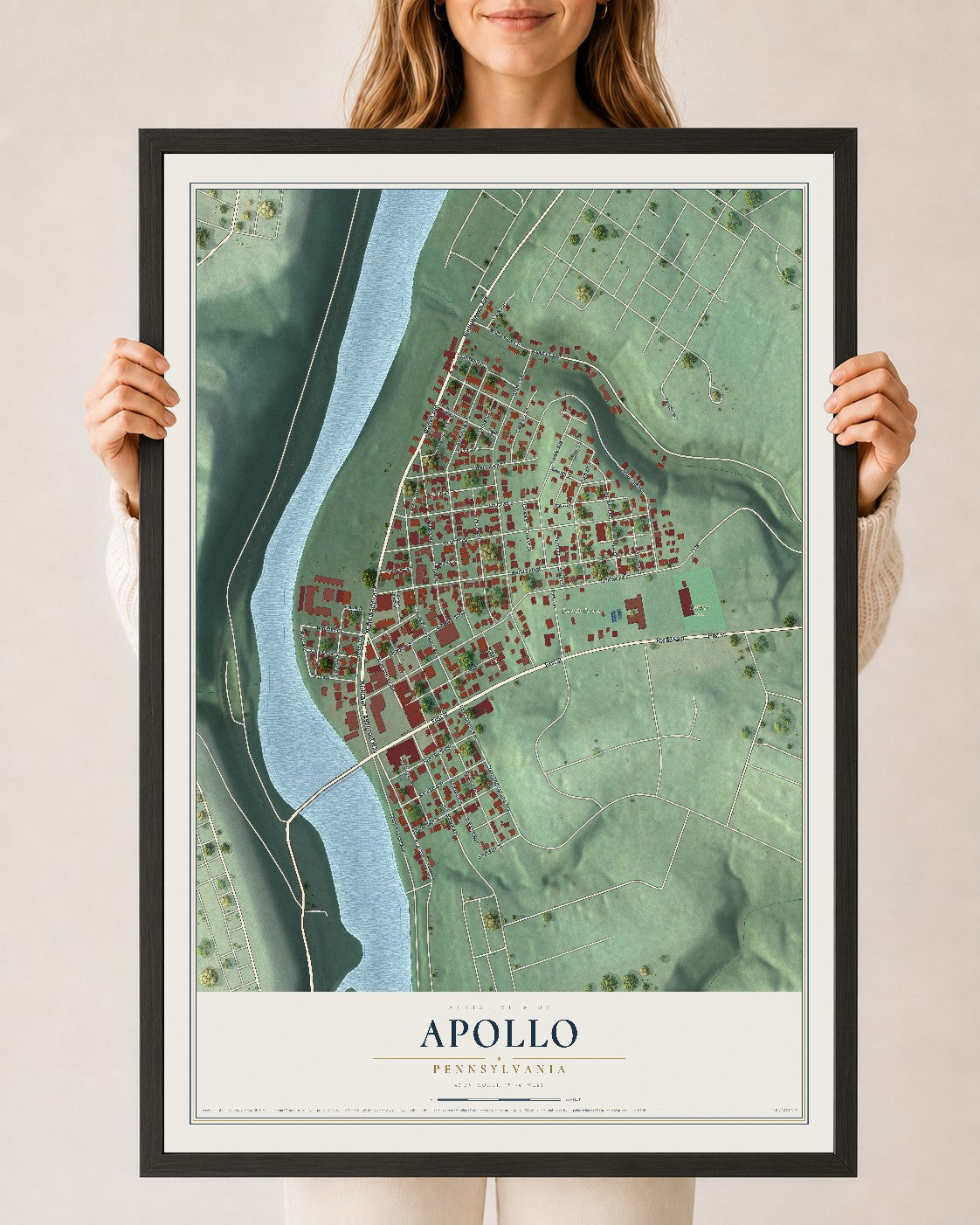 Map of Apollo, Pennsylvania, 24 x 36 inch print in a black wood frame