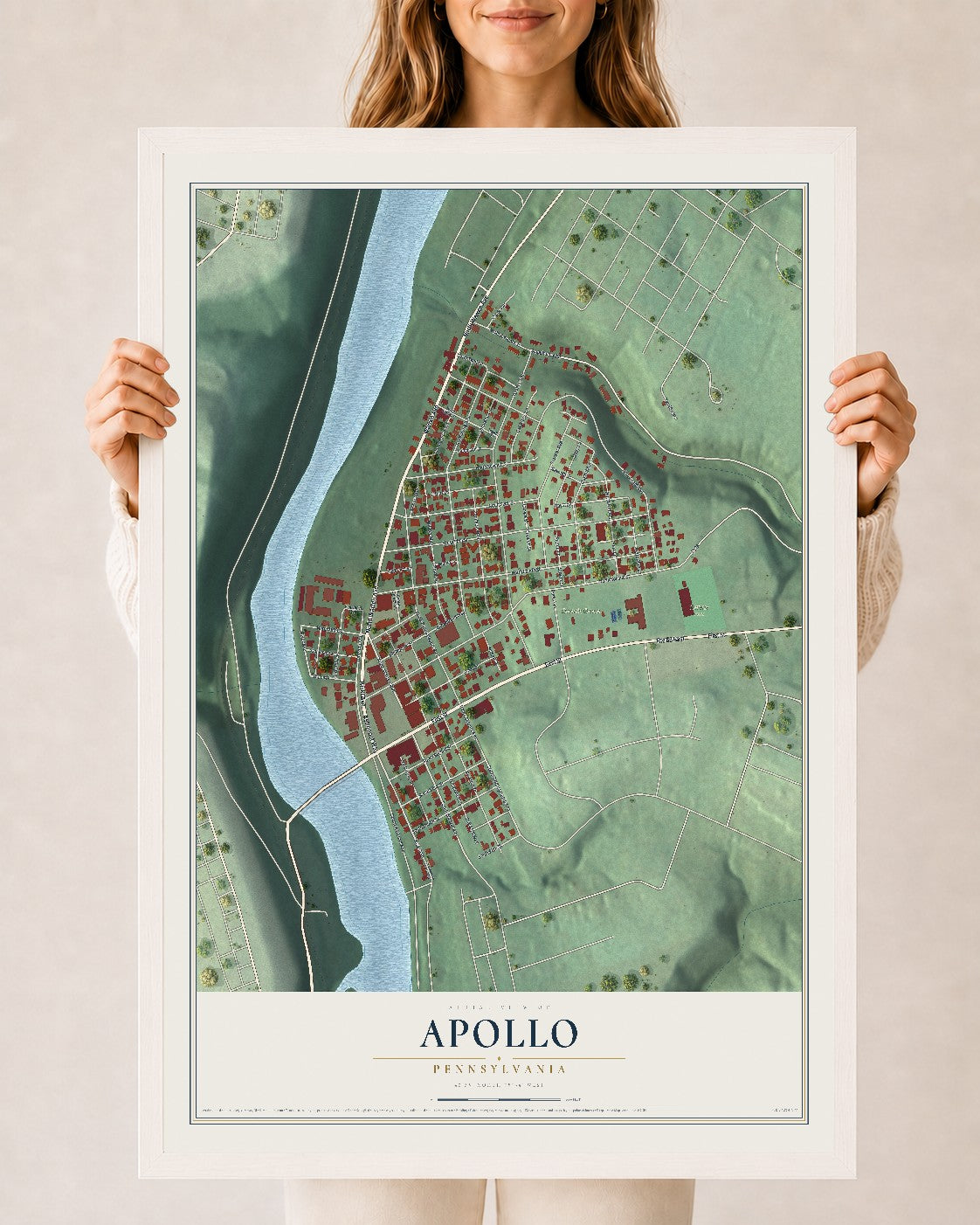Map of Apollo, Pennsylvania, 24 x 36 inch print in a white wood frame
