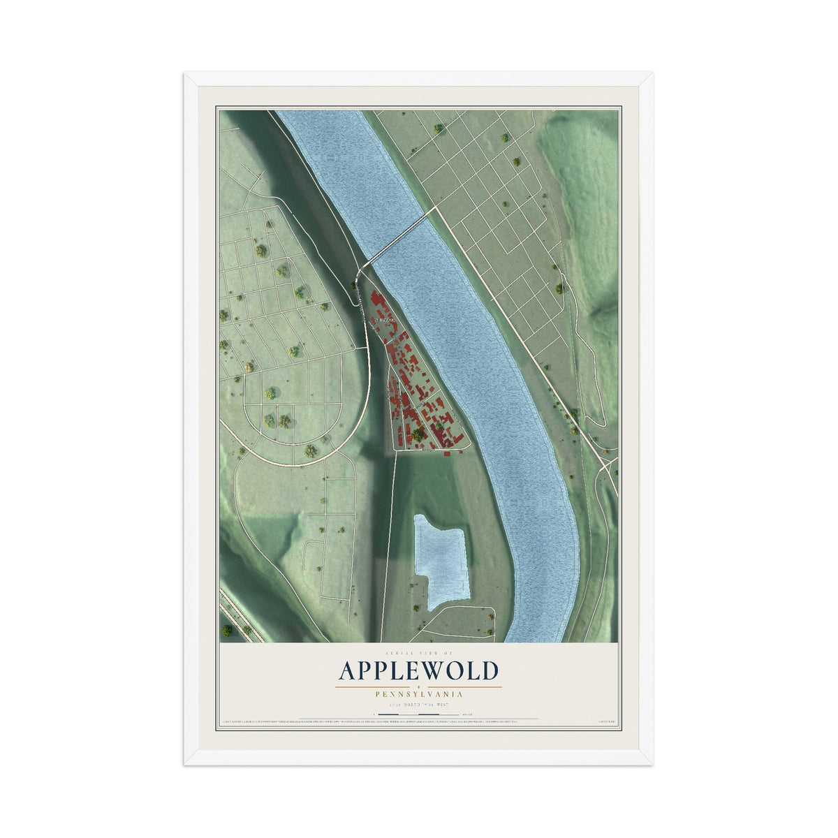 Map of Applewold, Pennsylvania, 12 x 18 inch print in a white wood frame