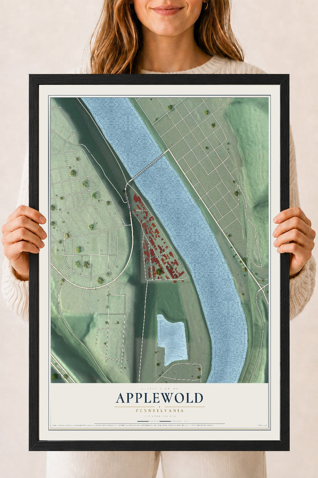 Map of Applewold, Pennsylvania, 18 x 24 inch print in a black wood frame