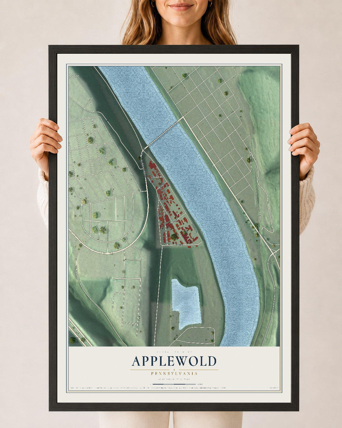 Map of Applewold, Pennsylvania, 24 x 36 inch print in a black wood frame