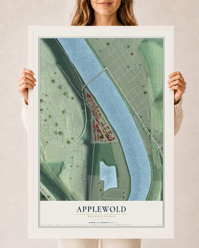 Map of Applewold, Pennsylvania, 24 x 36 inch print in a white wood frame