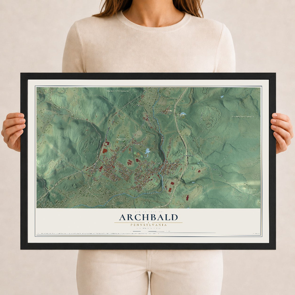Map of Archbald, Pennsylvania, 12 x 18 inch print in a black wood frame
