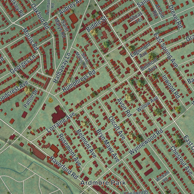 Close-up of the map of Ardmore, Pennsylvania print showing street and building detail
