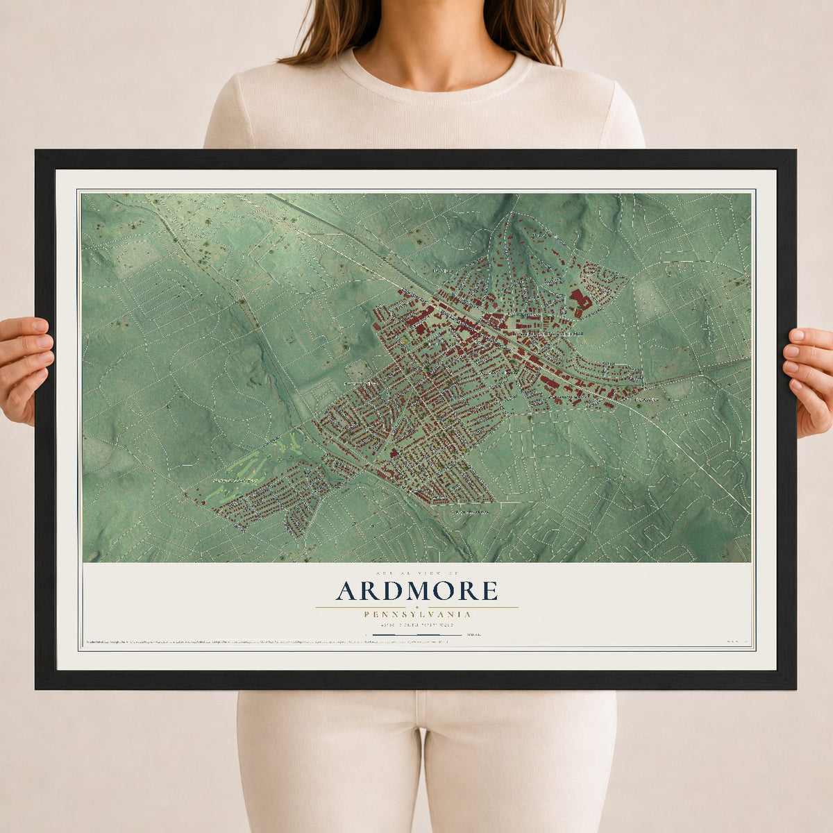 Map of Ardmore, Pennsylvania, 18 x 24 inch print in a black wood frame