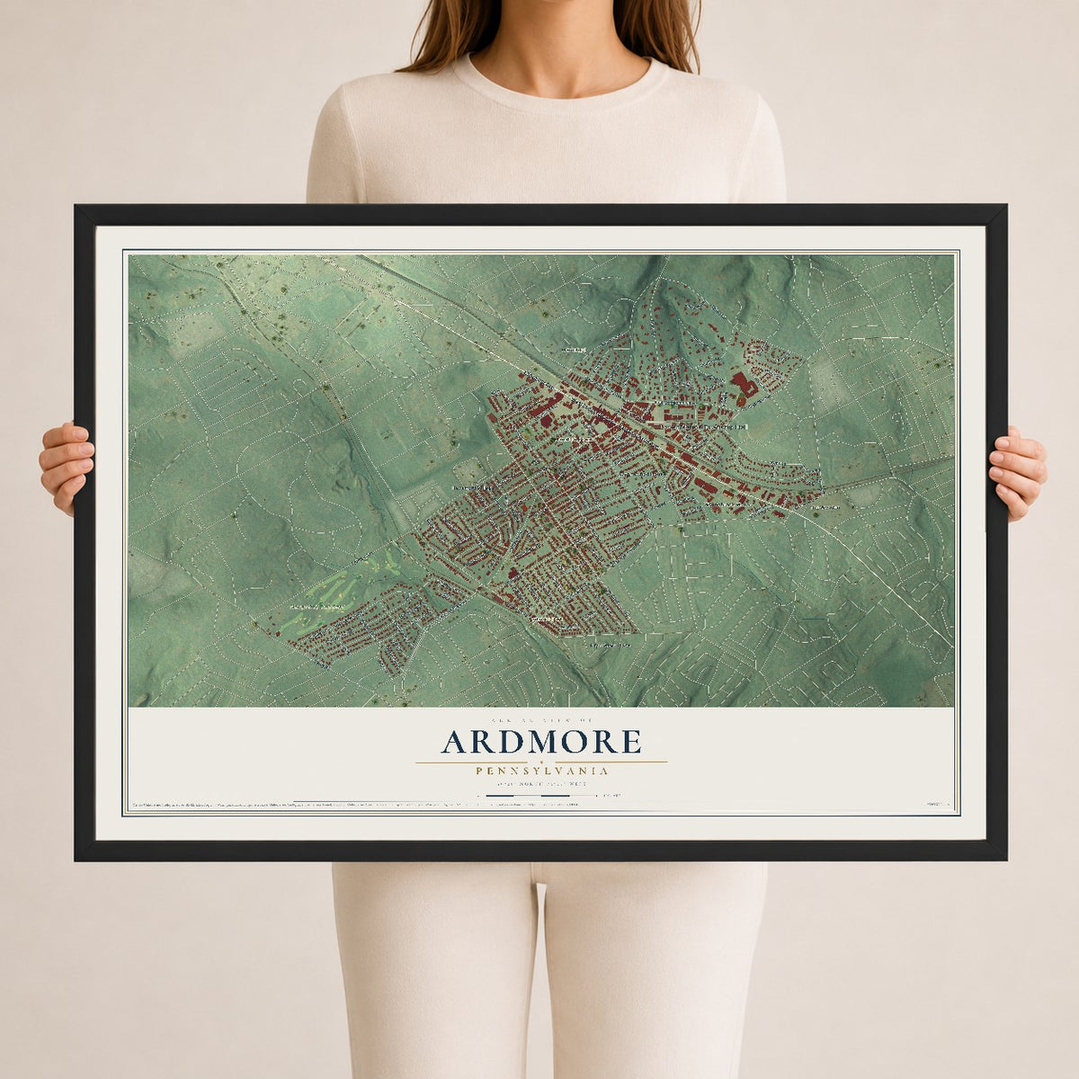 Map of Ardmore, Pennsylvania, 24 x 36 inch print in a black wood frame