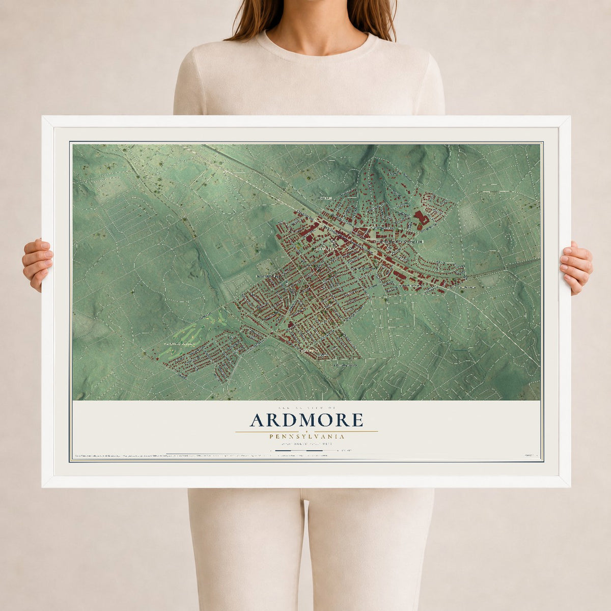 Map of Ardmore, Pennsylvania, 24 x 36 inch print in a white wood frame