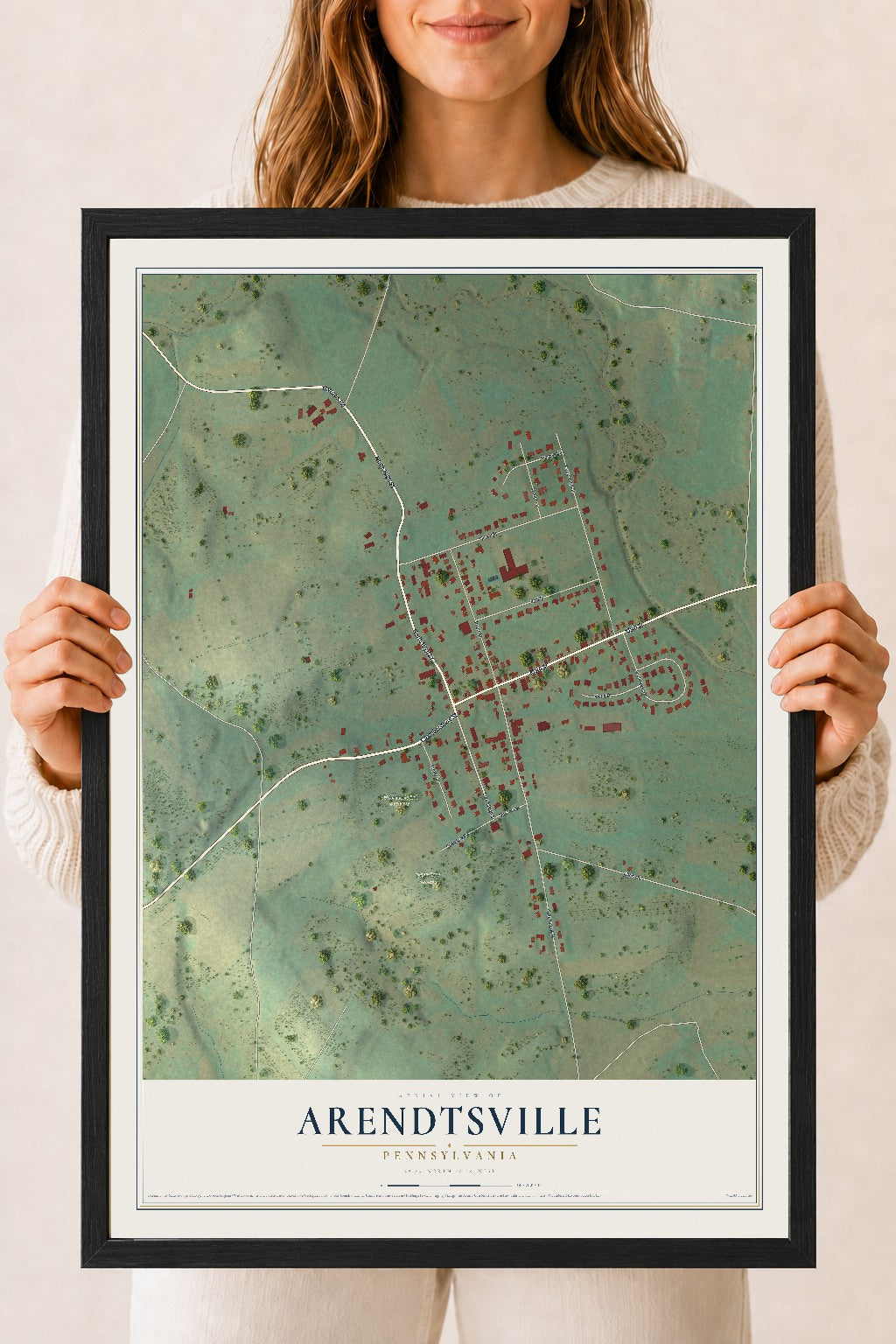 Map of Arendtsville, Pennsylvania, 18 x 24 inch print in a black wood frame