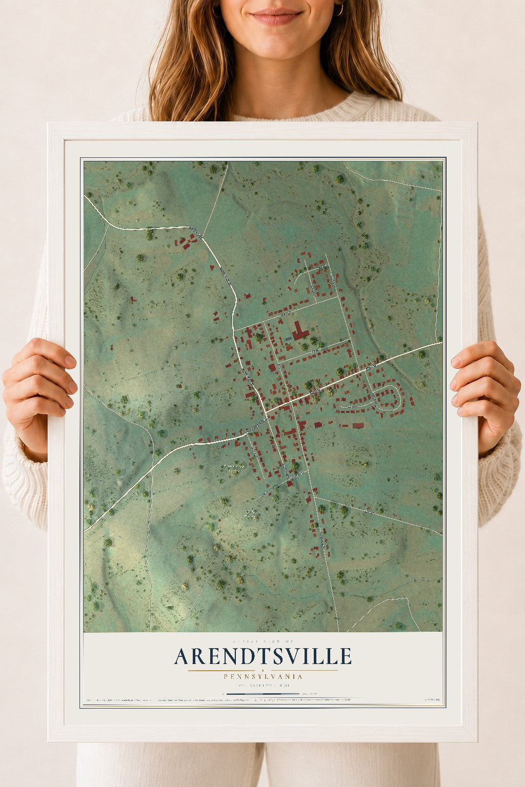 Map of Arendtsville, Pennsylvania, 18 x 24 inch print in a white wood frame