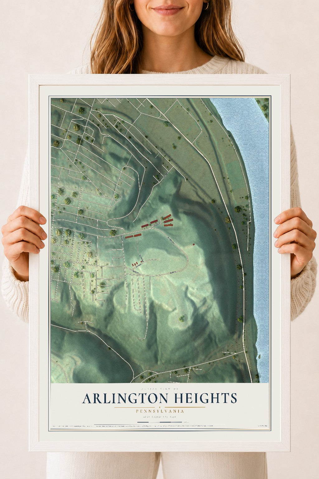Map of Arlington Heights, Pennsylvania, 18 x 24 inch print in a white wood frame