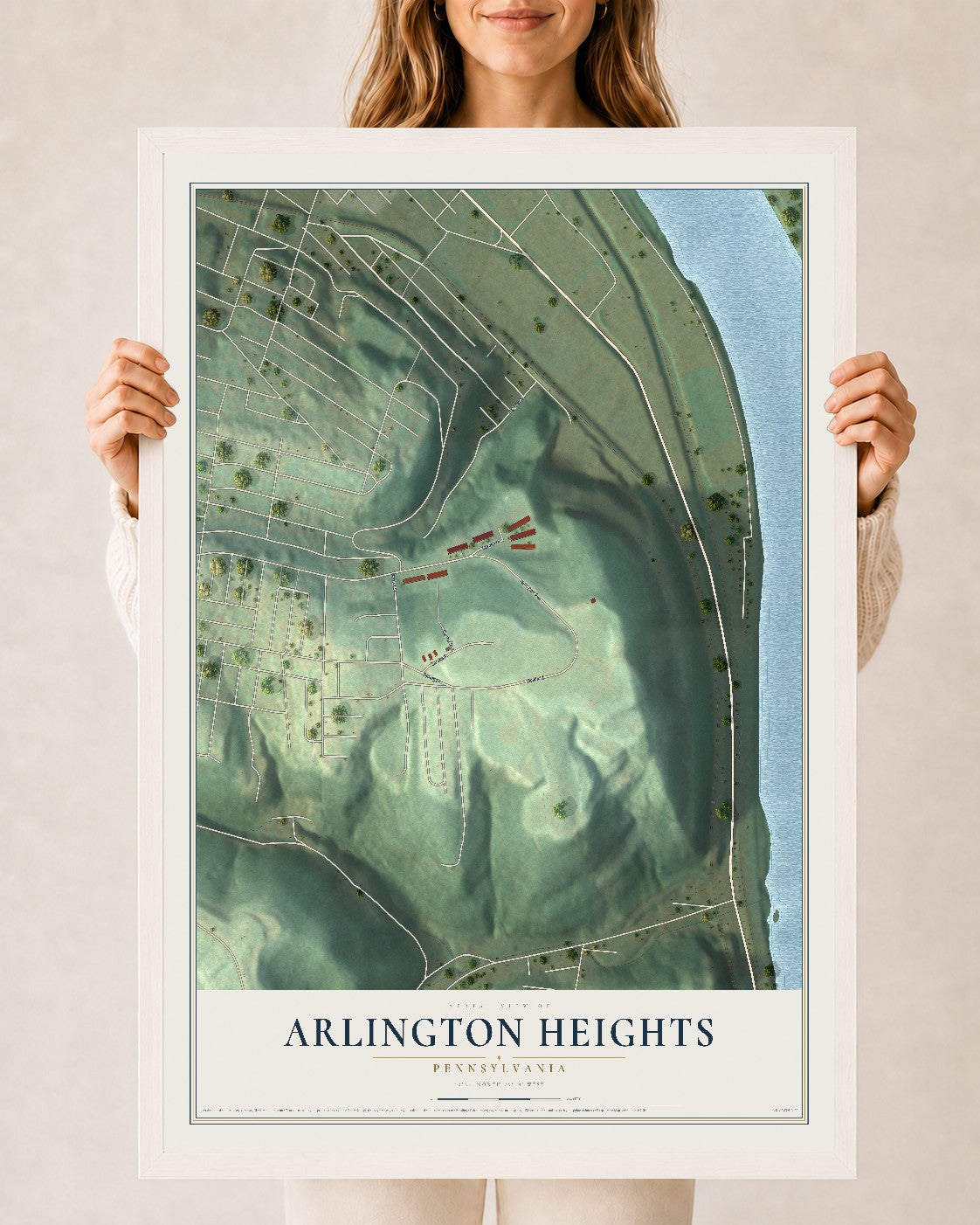 Map of Arlington Heights, Pennsylvania, 24 x 36 inch print in a white wood frame