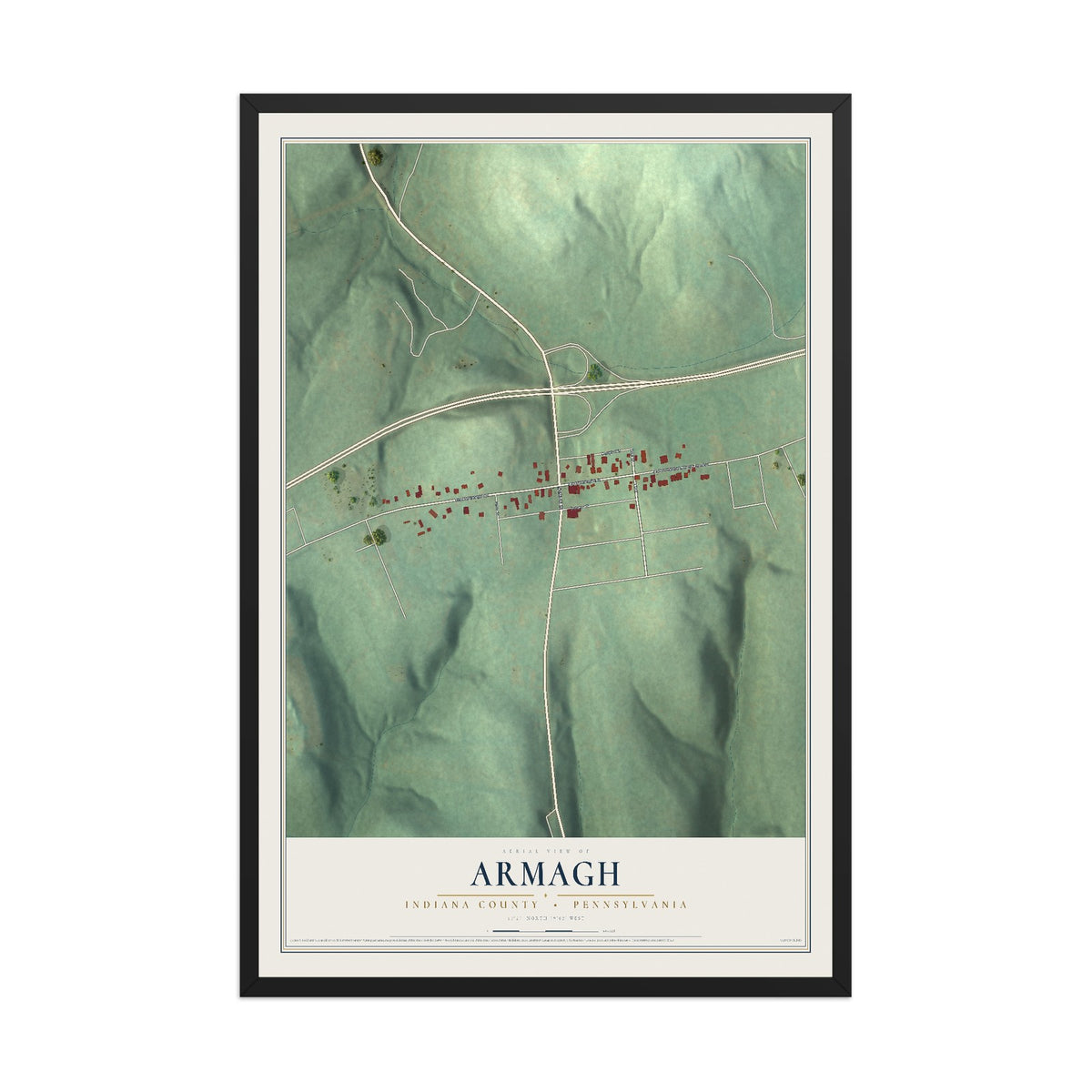 Map of Armagh, Indiana County, Pennsylvania, 12 x 18 inch print in a black wood frame