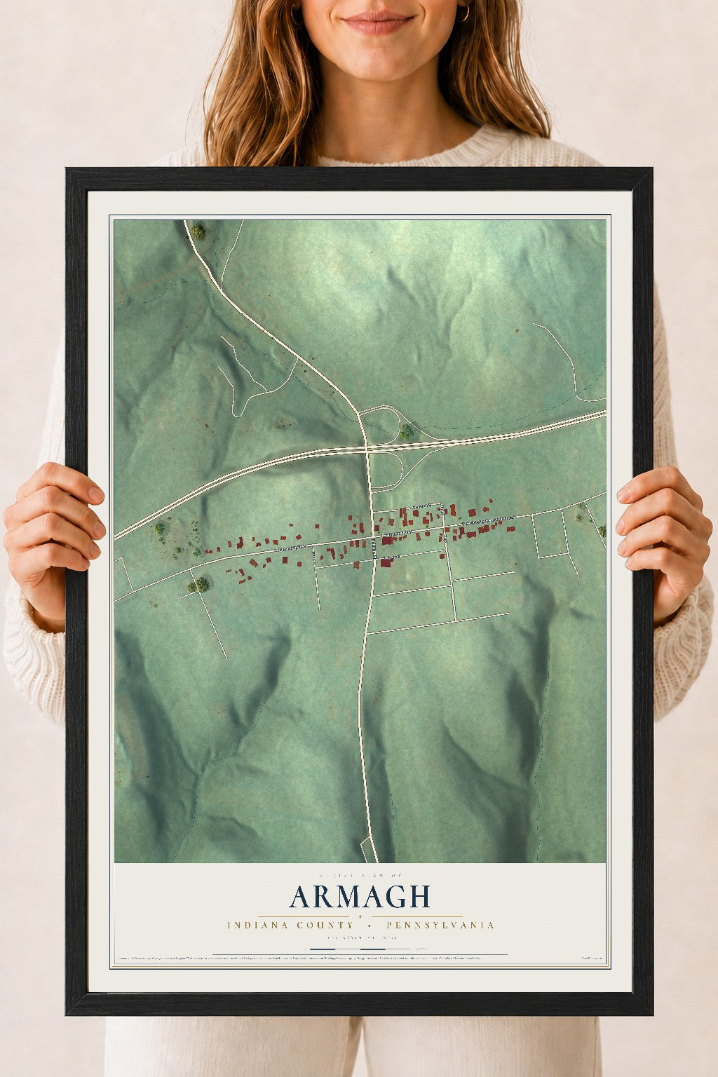 Map of Armagh, Indiana County, Pennsylvania, 18 x 24 inch print in a black wood frame