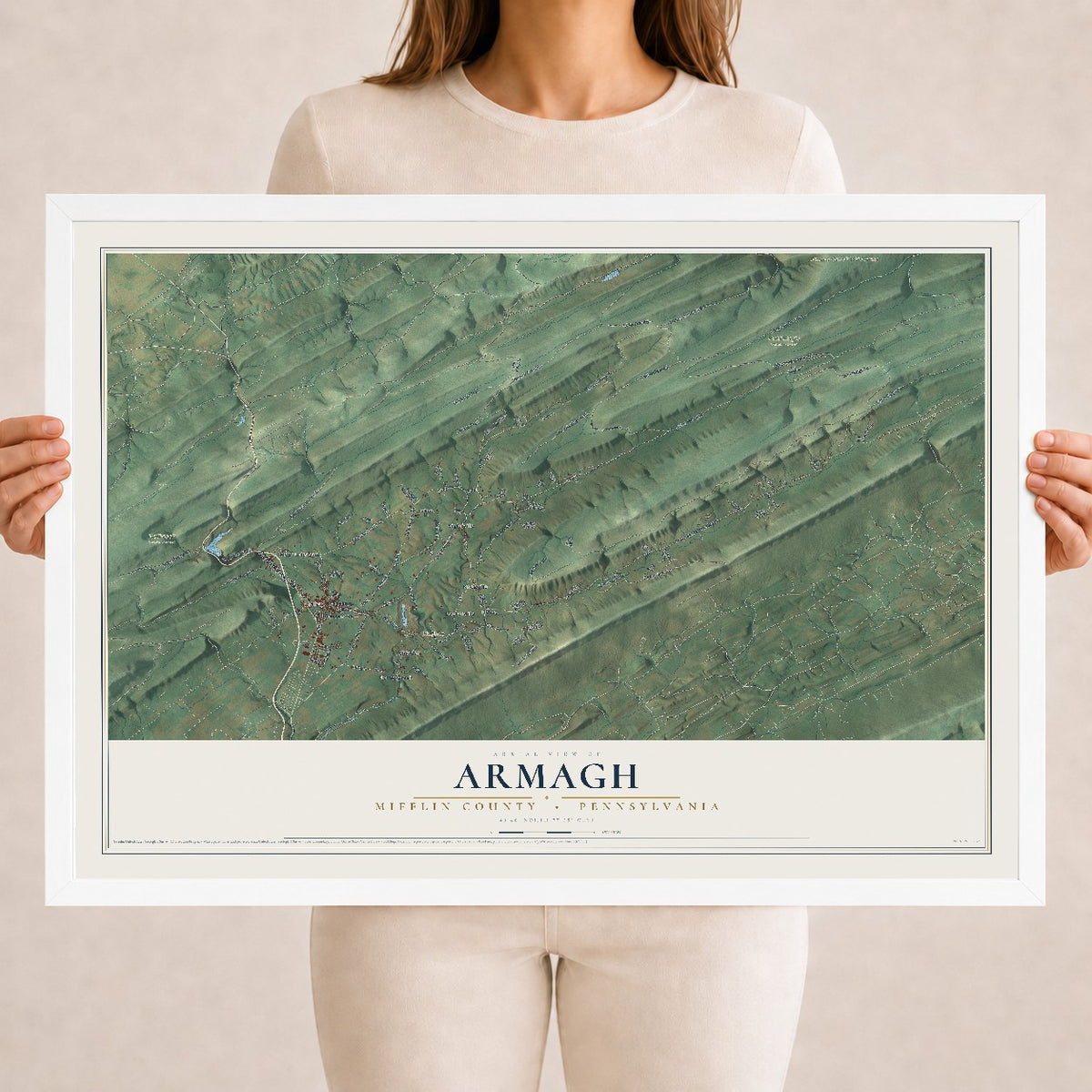 Map of Armagh, Mifflin County, Pennsylvania, 18 x 24 inch print in a white wood frame