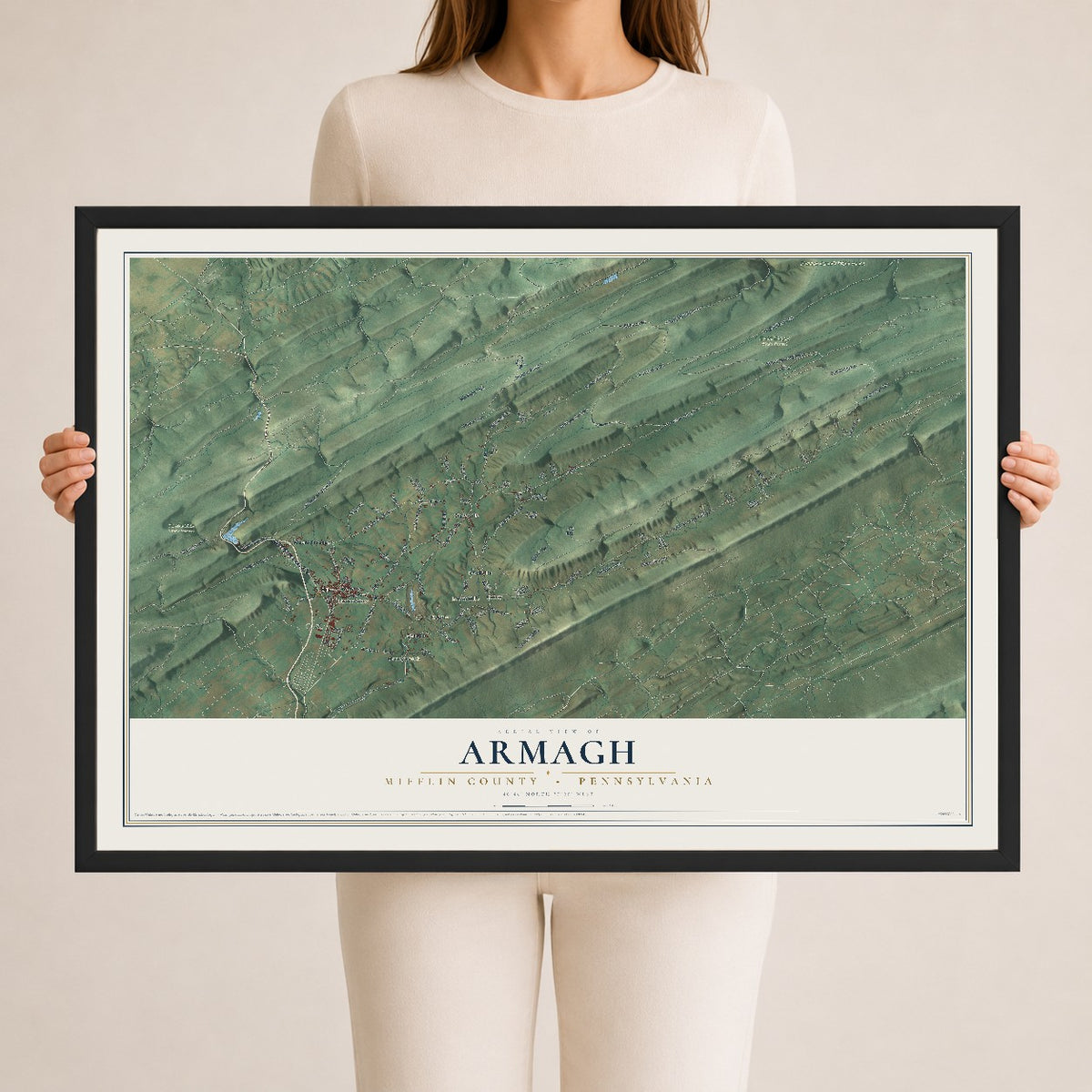 Map of Armagh, Mifflin County, Pennsylvania, 24 x 36 inch print in a black wood frame