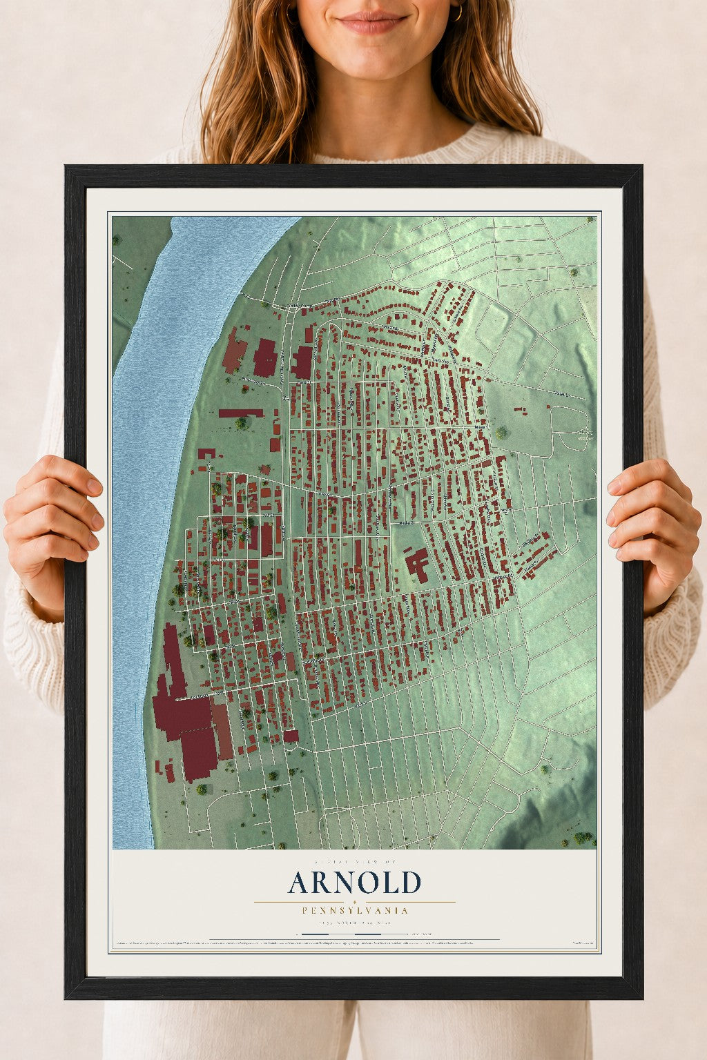Map of Arnold, Pennsylvania, 18 x 24 inch print in a black wood frame
