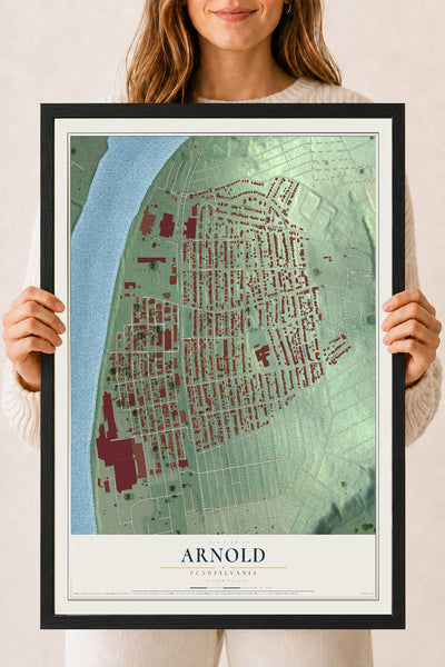Map of Arnold, Pennsylvania, 18 x 24 inch print in a black wood frame