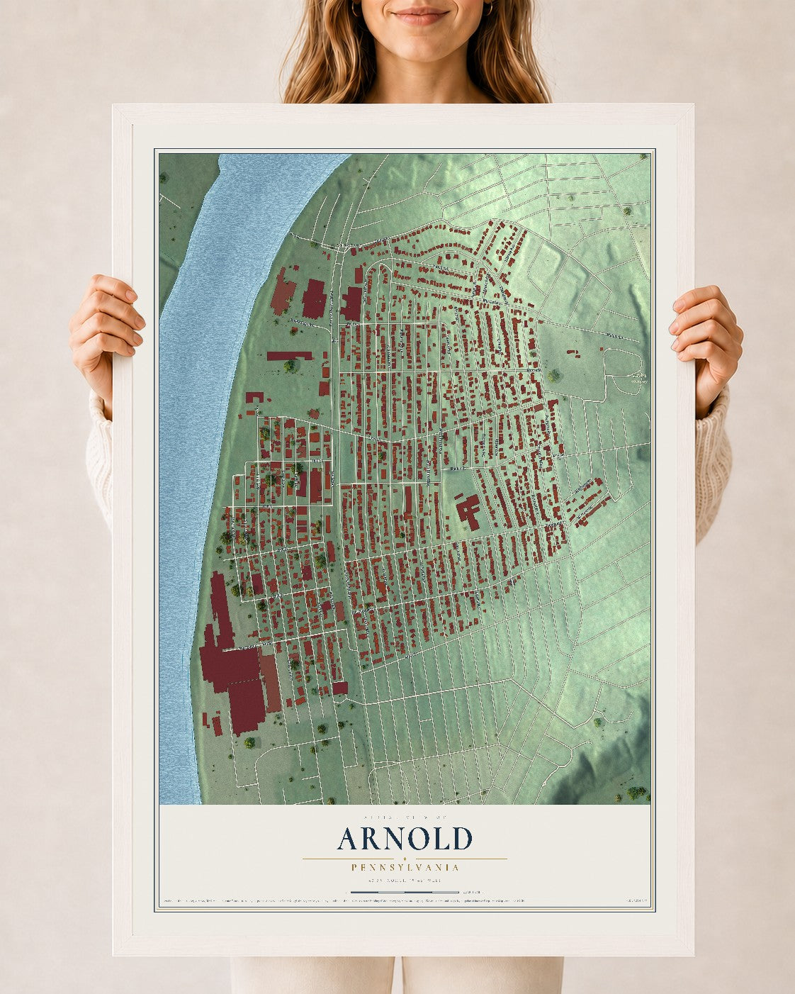Map of Arnold, Pennsylvania, 24 x 36 inch print in a white wood frame