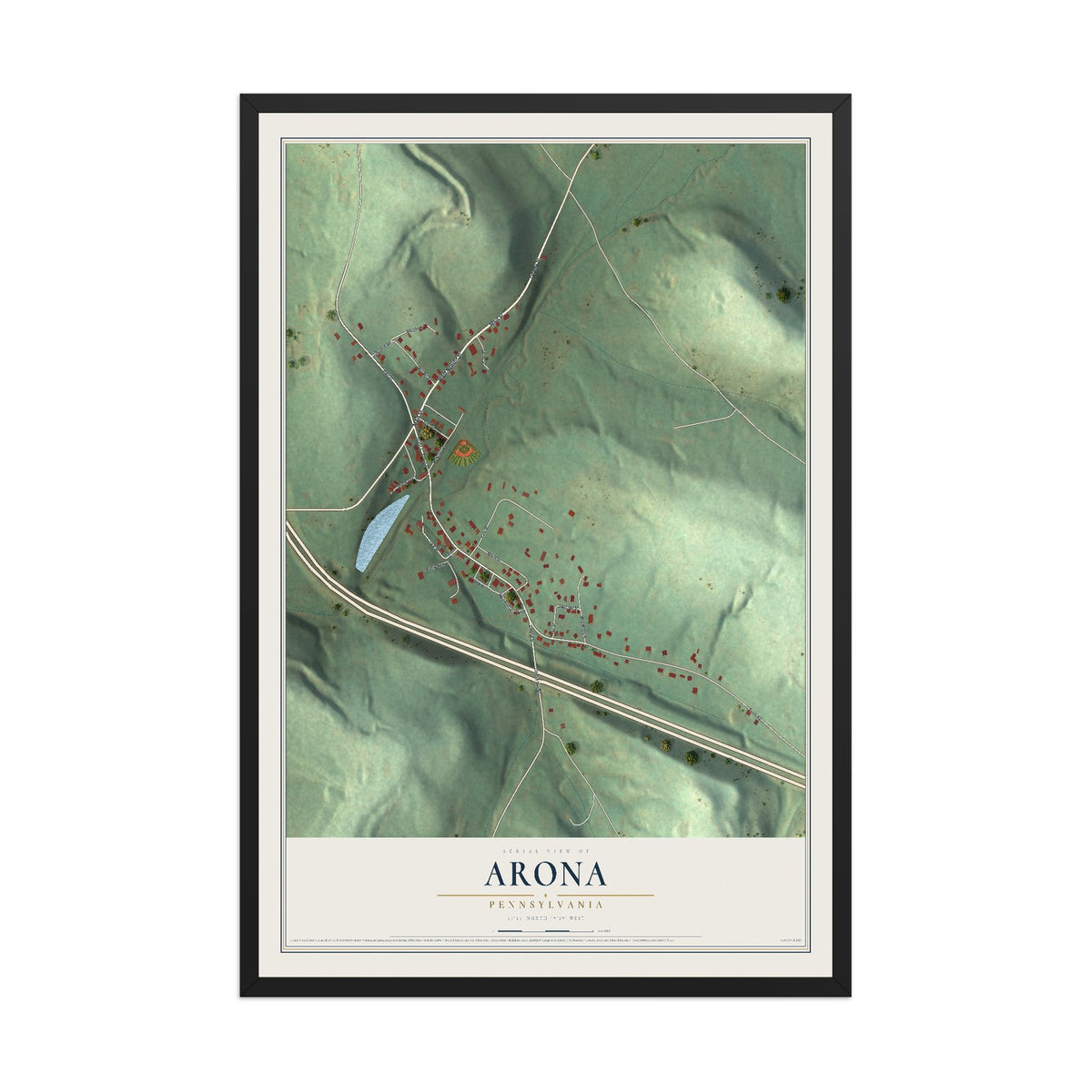 Map of Arona, Pennsylvania, 12 x 18 inch print in a black wood frame