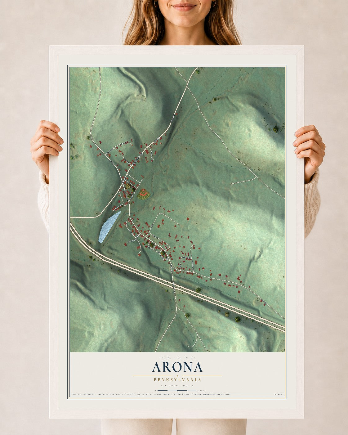 Map of Arona, Pennsylvania, 24 x 36 inch print in a white wood frame