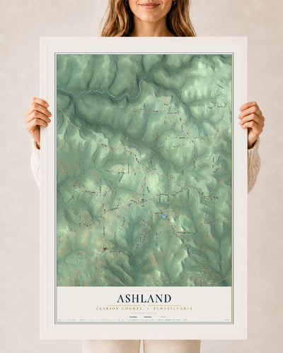 Map of Ashland, Clarion County, Pennsylvania, 24 x 36 inch print in a white wood frame