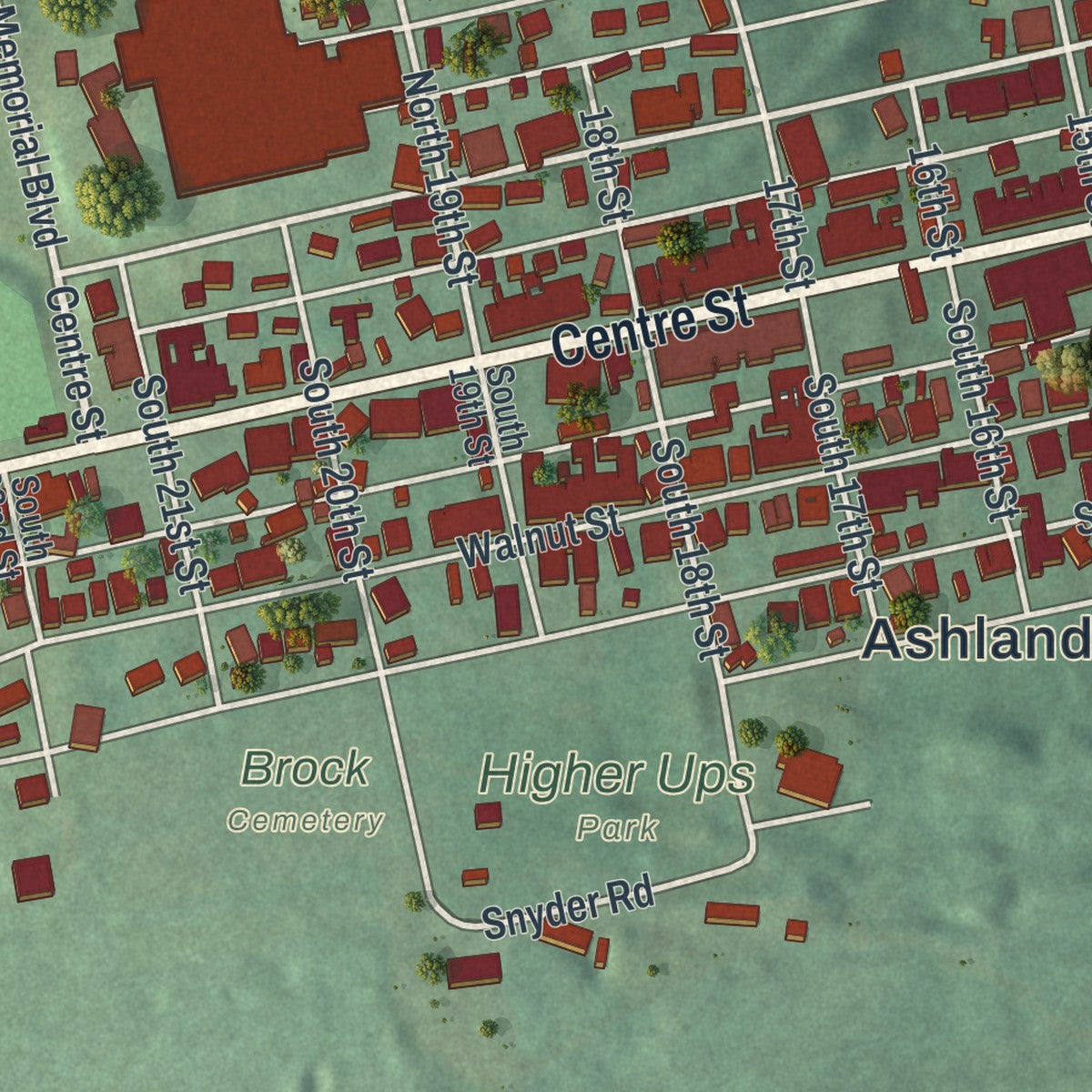 Close-up of the map of Ashland, Schuylkill County, Pennsylvania print showing street and building detail
