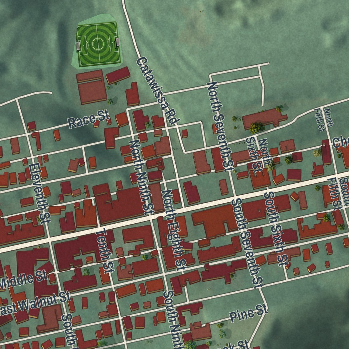 Second close-up of the map of Ashland, Schuylkill County, Pennsylvania print showing more streets and buildings