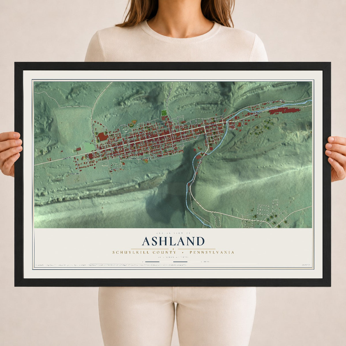 Map of Ashland, Schuylkill County, Pennsylvania, 18 x 24 inch print in a black wood frame