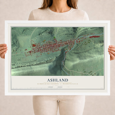 Map of Ashland, Schuylkill County, Pennsylvania, 18 x 24 inch print in a white wood frame