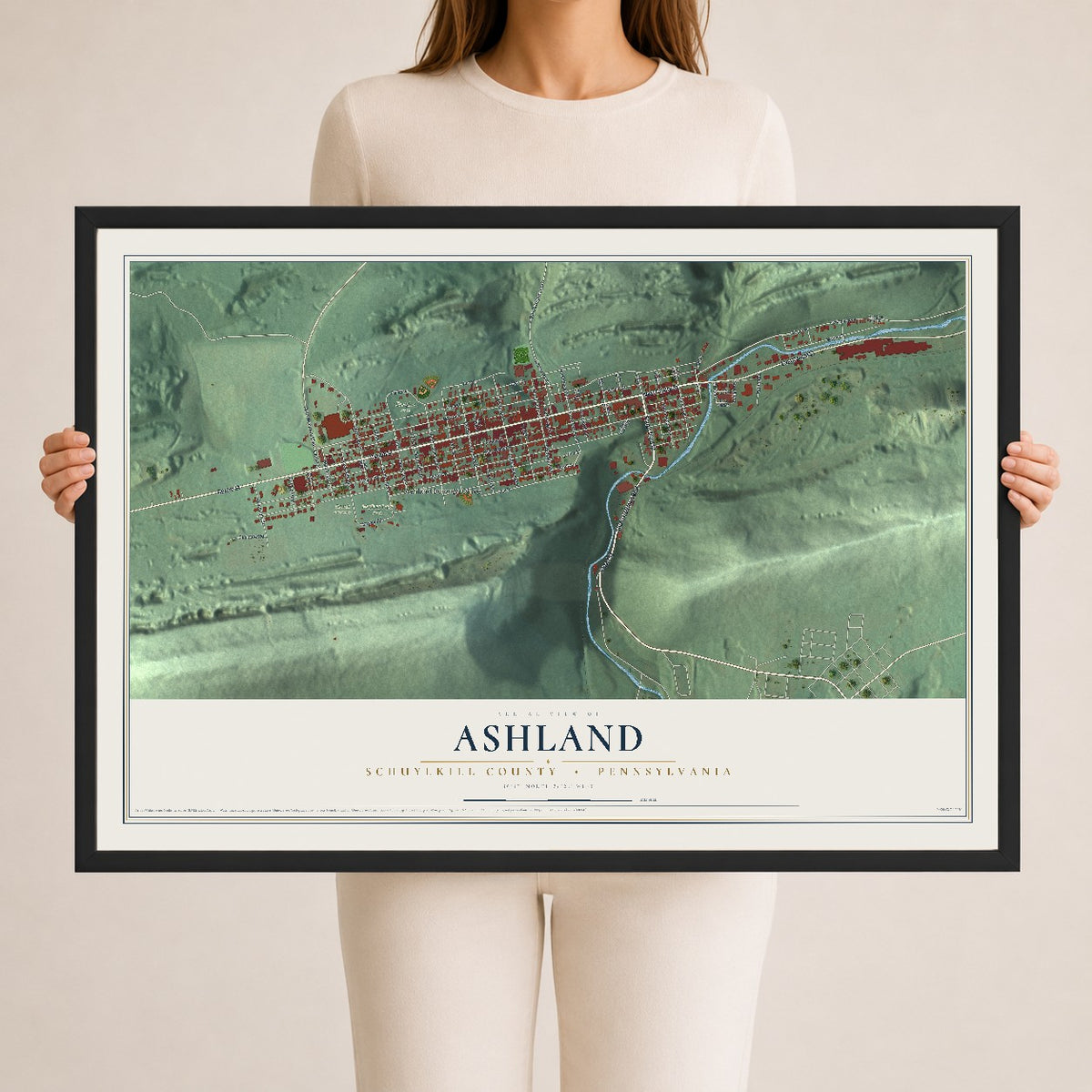 Map of Ashland, Schuylkill County, Pennsylvania, 24 x 36 inch print in a black wood frame