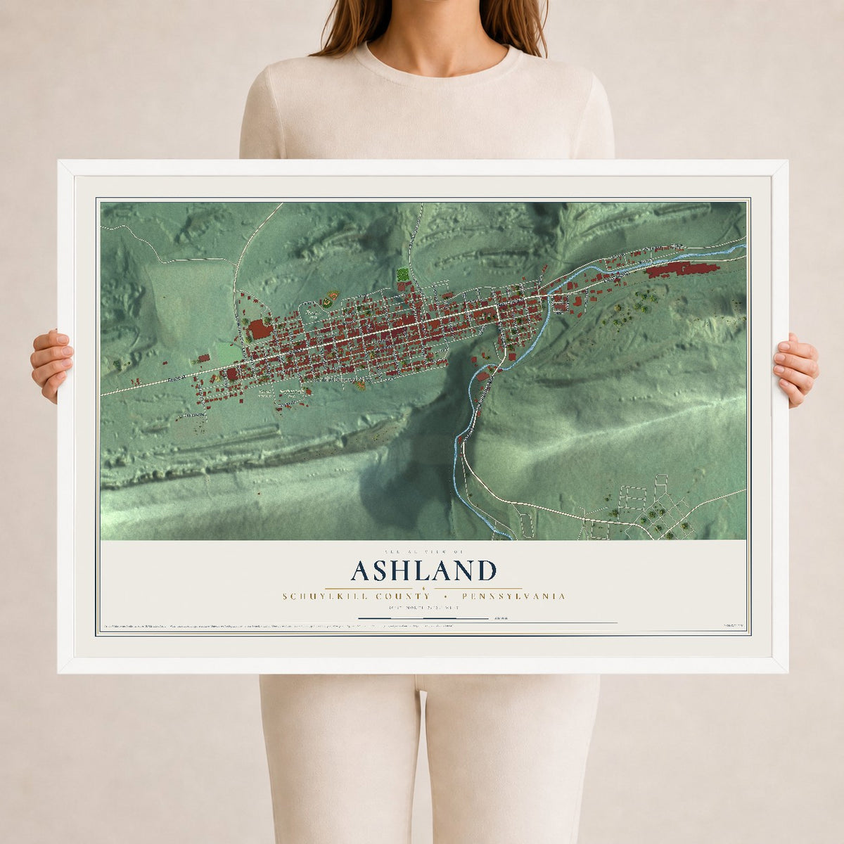 Map of Ashland, Schuylkill County, Pennsylvania, 24 x 36 inch print in a white wood frame