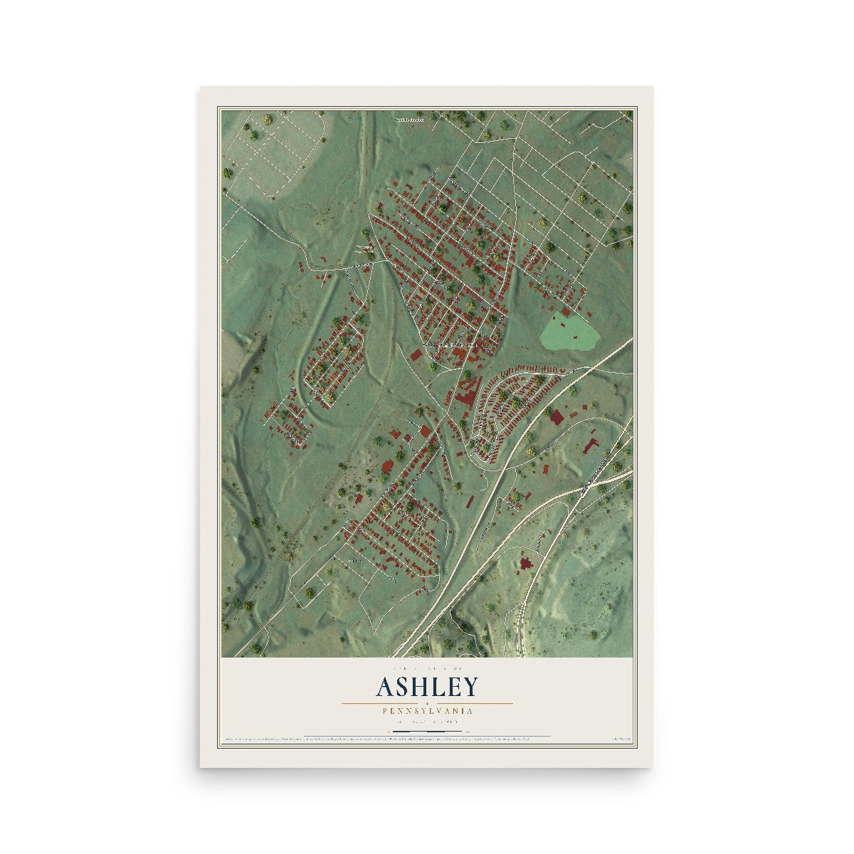 Map of Ashley, Pennsylvania, 12 x 18 inch unframed archival matte print