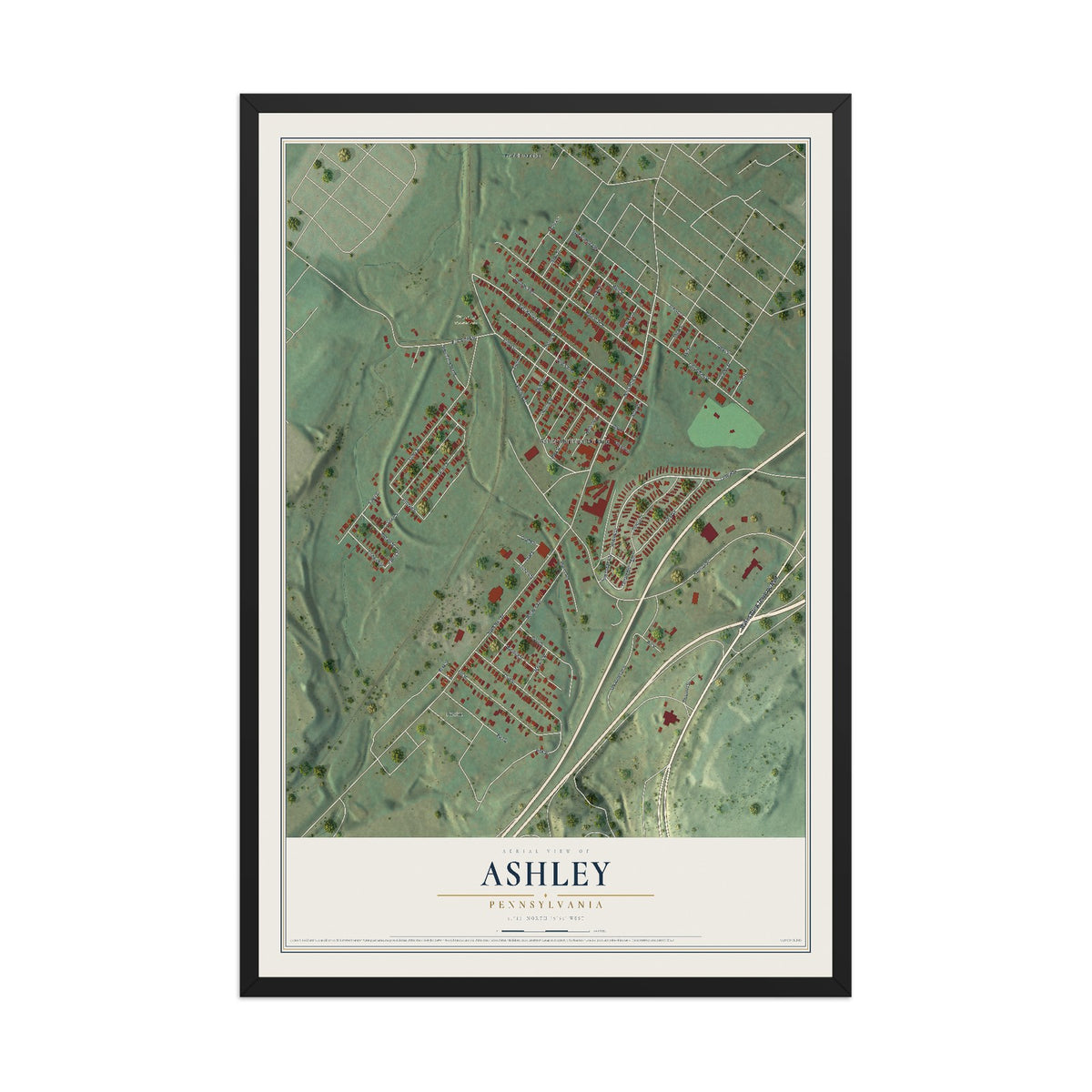 Map of Ashley, Pennsylvania, 12 x 18 inch print in a black wood frame