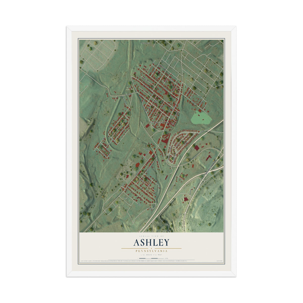 Map of Ashley, Pennsylvania, 12 x 18 inch print in a white wood frame