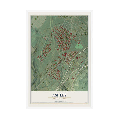 Map of Ashley, Pennsylvania, 12 x 18 inch print in a white wood frame