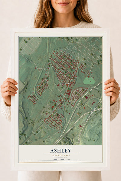 Map of Ashley, Pennsylvania, 18 x 24 inch print in a white wood frame