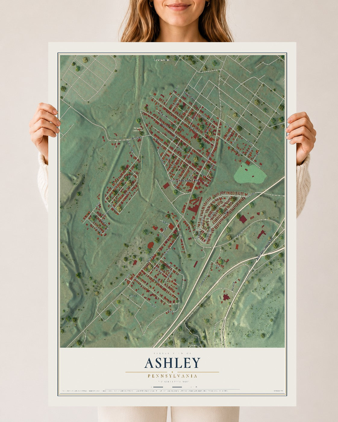 Map of Ashley, Pennsylvania, 24 x 36 inch unframed archival matte print