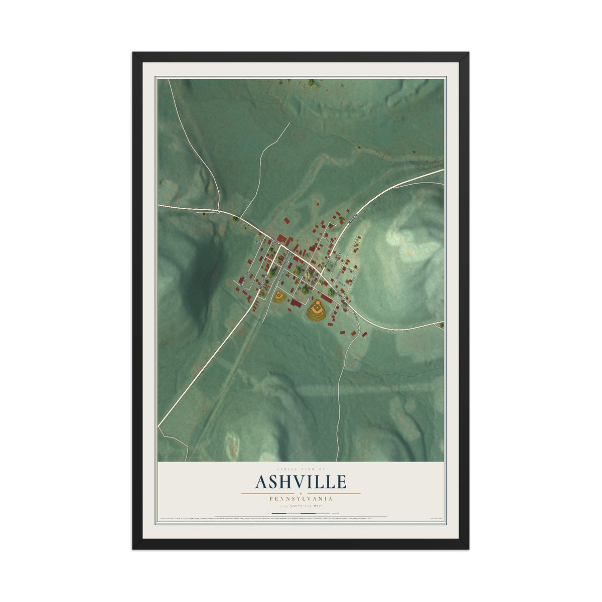 Map of Ashville, Pennsylvania, 12 x 18 inch print in a black wood frame